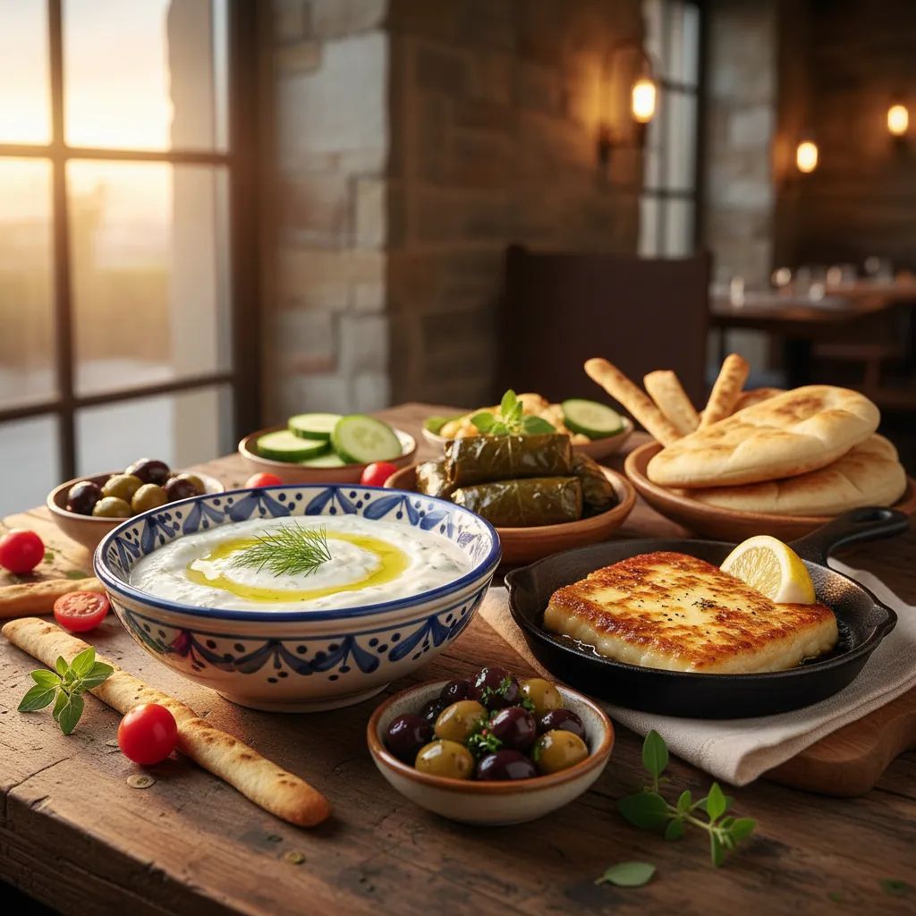 Grieks mezze bord met tzatziki, dolmades en saganaki